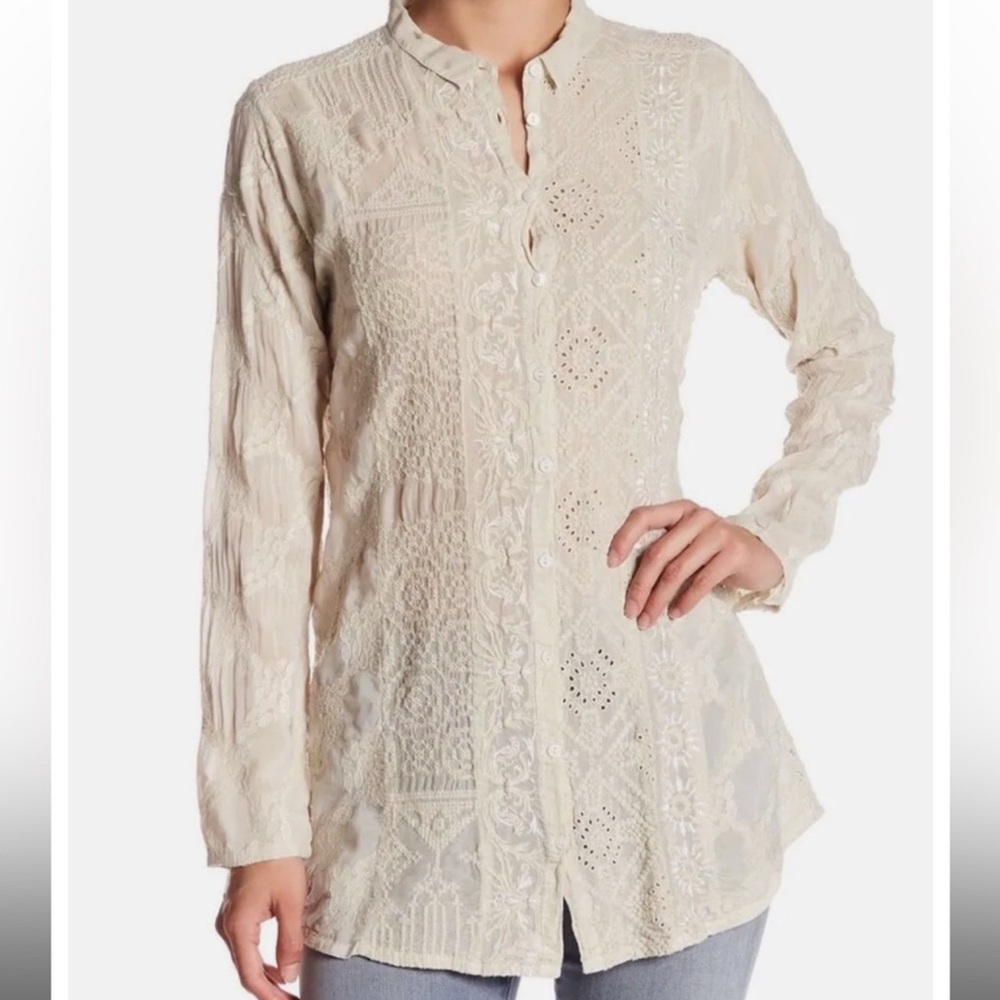 Johnny Was Back Eyelet button down Blouse in Powdered Sugar - Picture 2 of 8